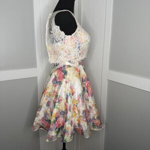 Chicas 2 Piece Skirt Top Set Women XS White Floral Lace Jacquard Prom Party 3581